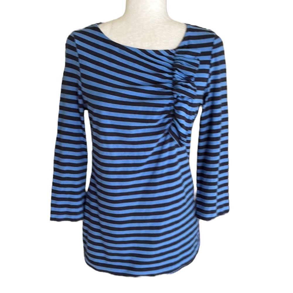 Kate Spade Blue Striped Print Ruched Ruffle Detail 3/4 Sleeve Tee - M